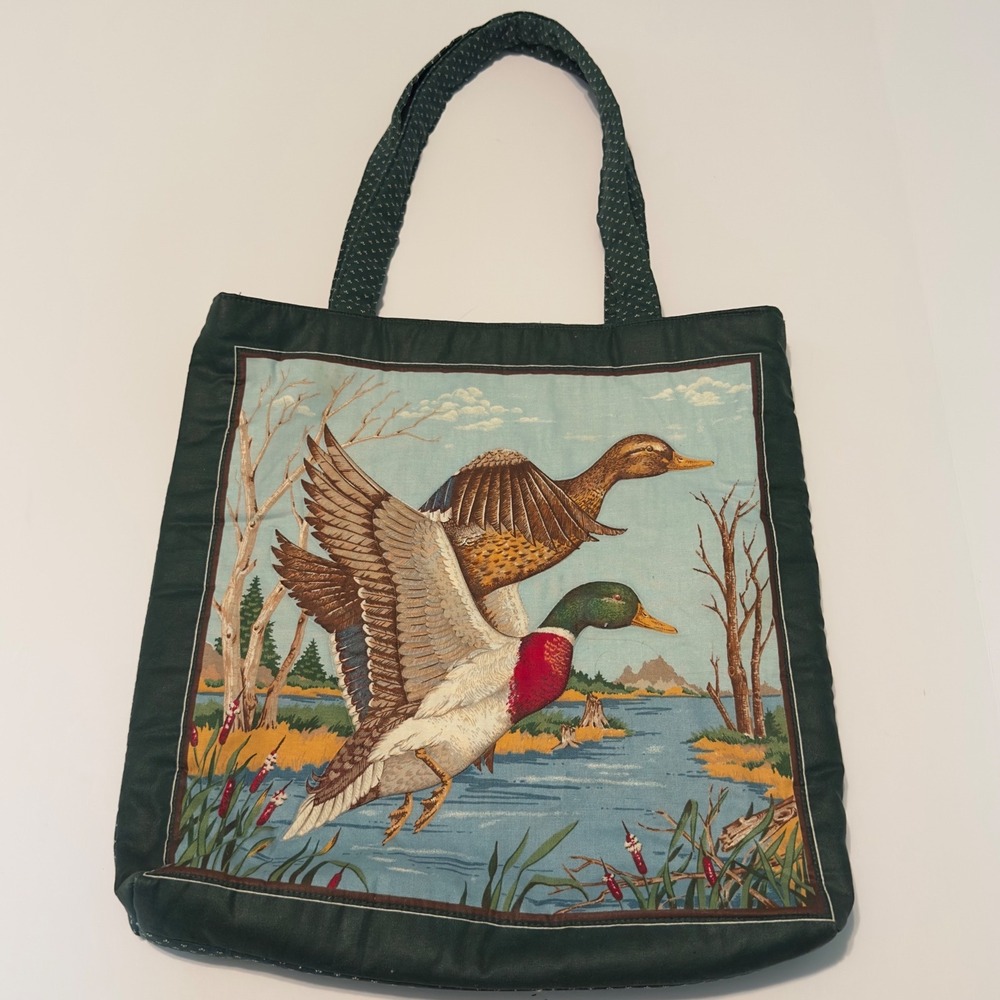 Handmade Mallard Duck Tote Bag Green Quilted Scenic Nature Vintage Style OS